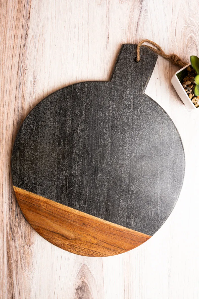 15 x 12 Anthony Black Marble and Wood Round Serving Board