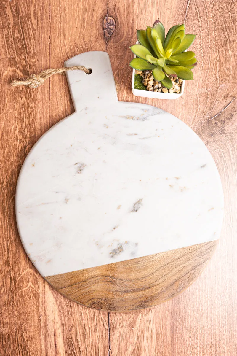15 x 12 Antonella White Marble and Wood Round Serving Board