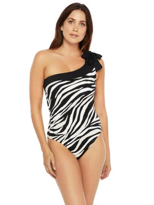 Abstract Zebra One Shoulder One Piece Black/Cream