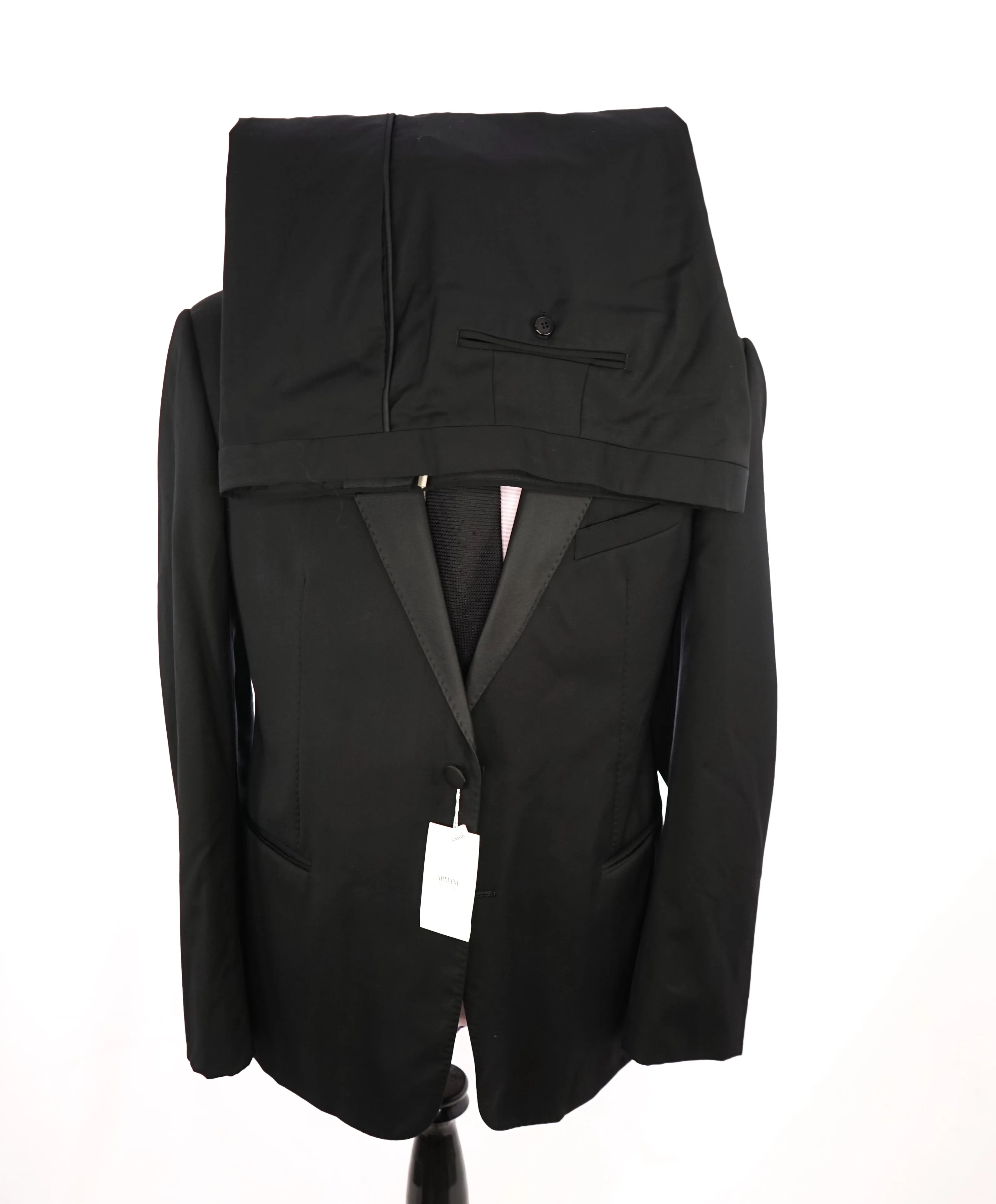 ARMANI COLLEZIONI -  "M Line" Slim Peak Lapel Black Tuxedo Suit - 48R