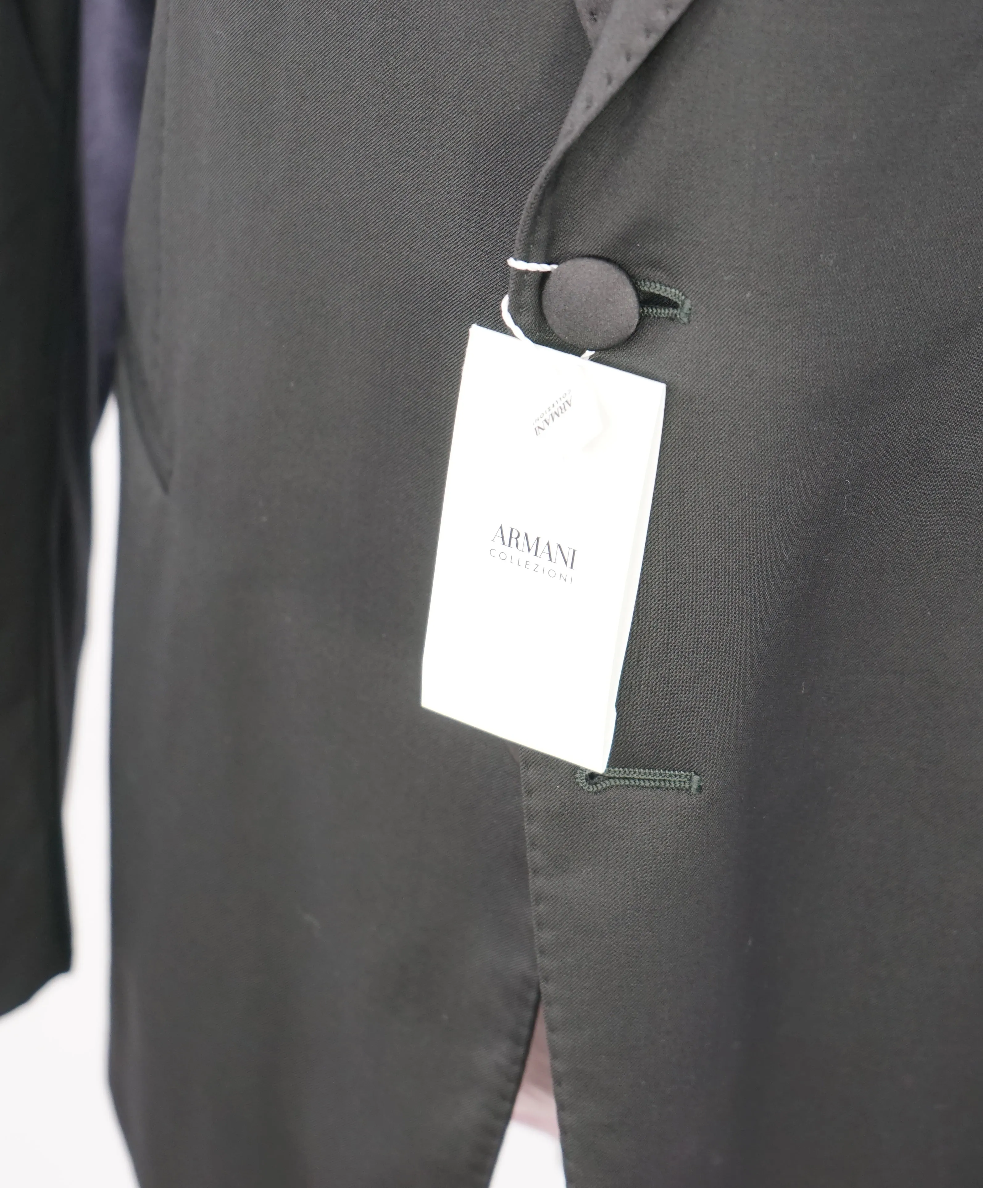 ARMANI COLLEZIONI -  "M Line" Slim Peak Lapel Black Tuxedo Suit - 48R