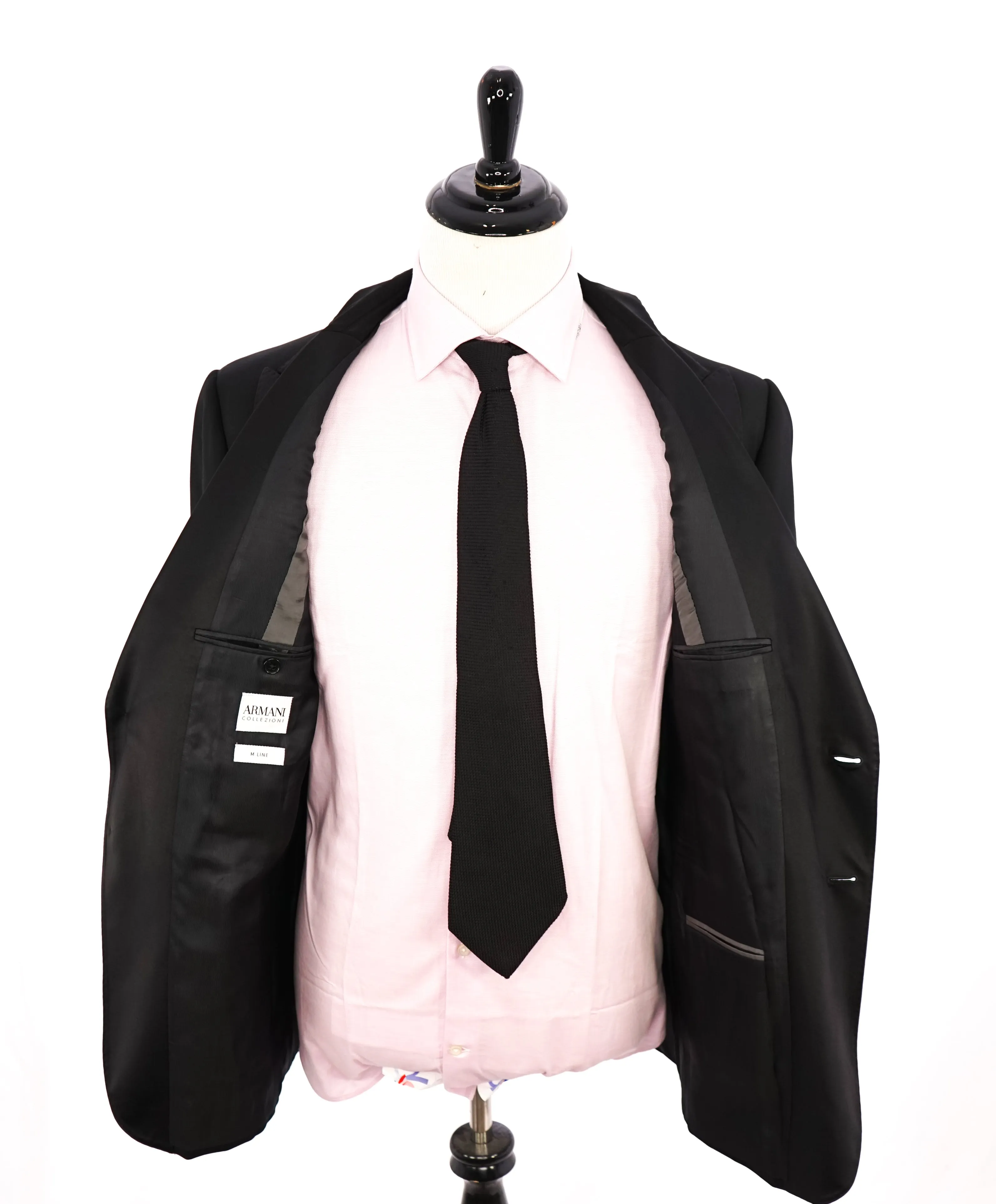 ARMANI COLLEZIONI -  "M Line" Slim Peak Lapel Black Tuxedo Suit - 48R