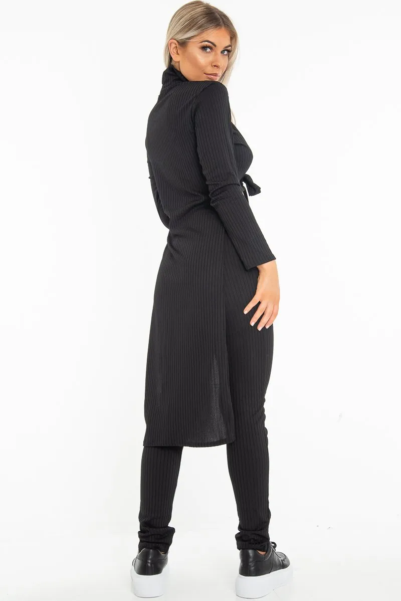 Black Rib Asymmetric Tie Front Top Legging Loungewear Co-Ord - Sasha