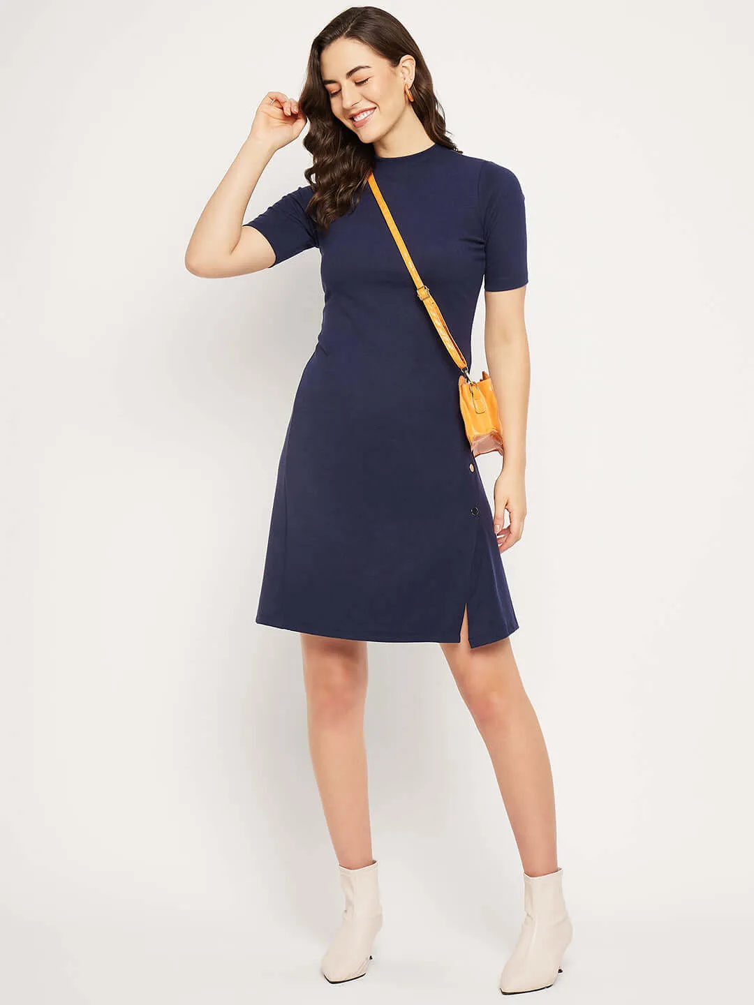 Camla Barcelona Button Detailing Navy Blue Slit Dress