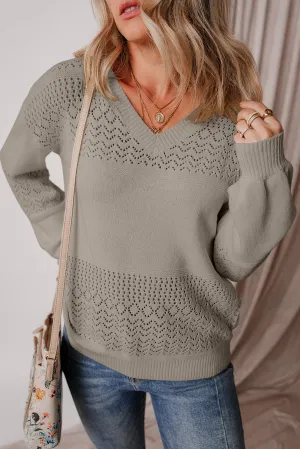 Chestnut Eyelet Pattern Detail V Neck Drop Shoulder Sweater