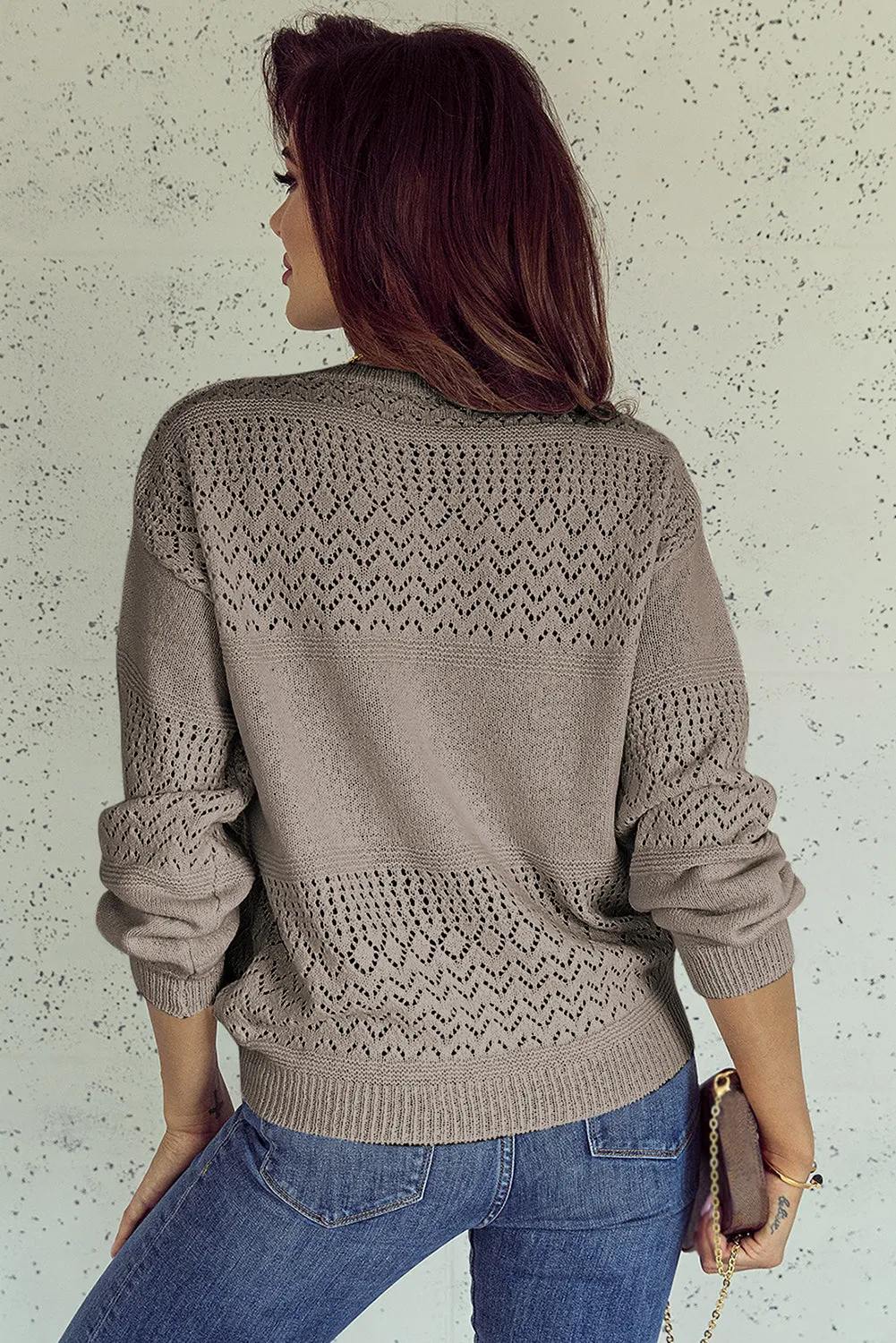 Chestnut Eyelet Pattern Detail V Neck Drop Shoulder Sweater