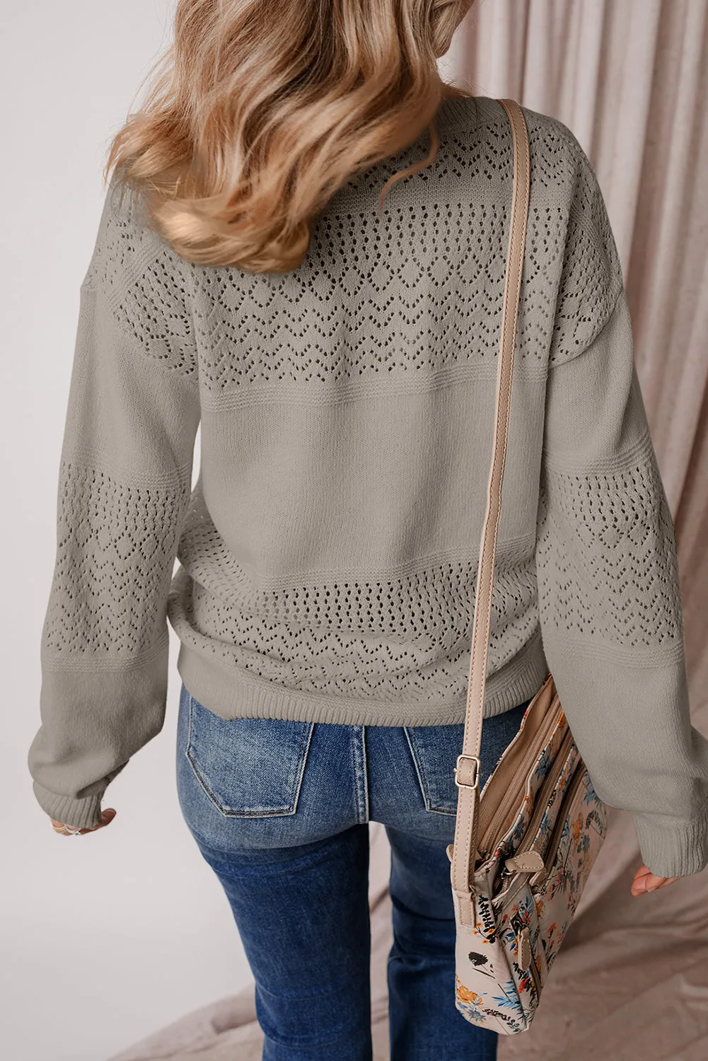 Chestnut Eyelet Pattern Detail V Neck Drop Shoulder Sweater