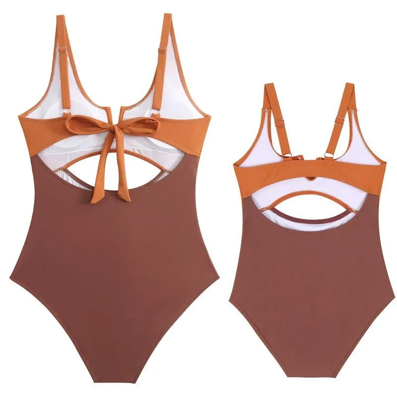 Chic Color-Block One-Piece Swimsuit for Mother & Daughter  Vibrant & Sleek Beachwear