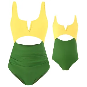 Chic Color-Block One-Piece Swimsuit for Mother & Daughter  Vibrant & Sleek Beachwear