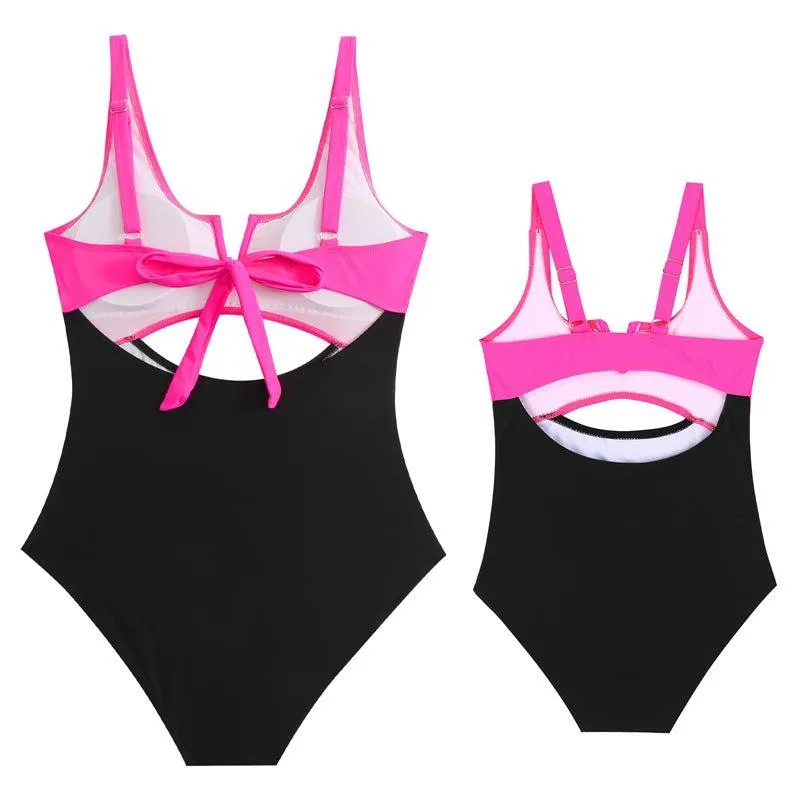 Chic Color-Block One-Piece Swimsuit for Mother & Daughter  Vibrant & Sleek Beachwear