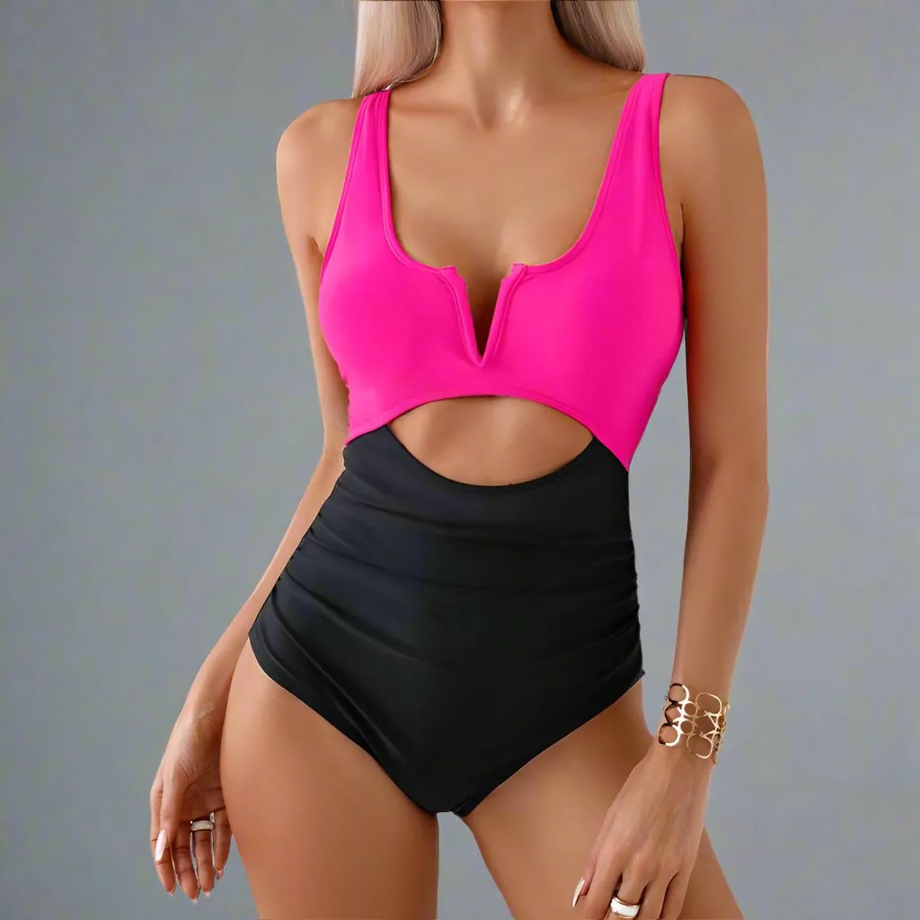 Chic Color-Block One-Piece Swimsuit for Mother & Daughter  Vibrant & Sleek Beachwear