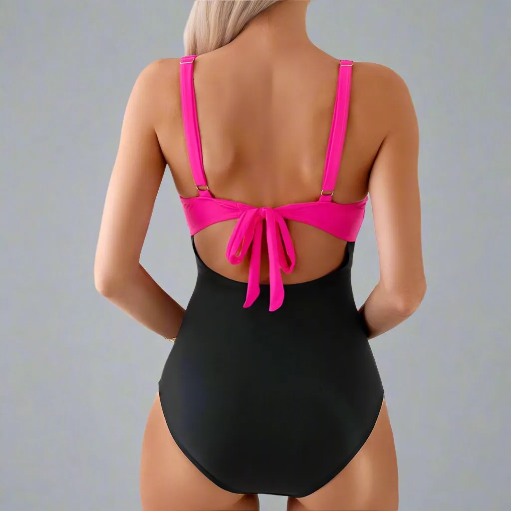 Chic Color-Block One-Piece Swimsuit for Mother & Daughter  Vibrant & Sleek Beachwear