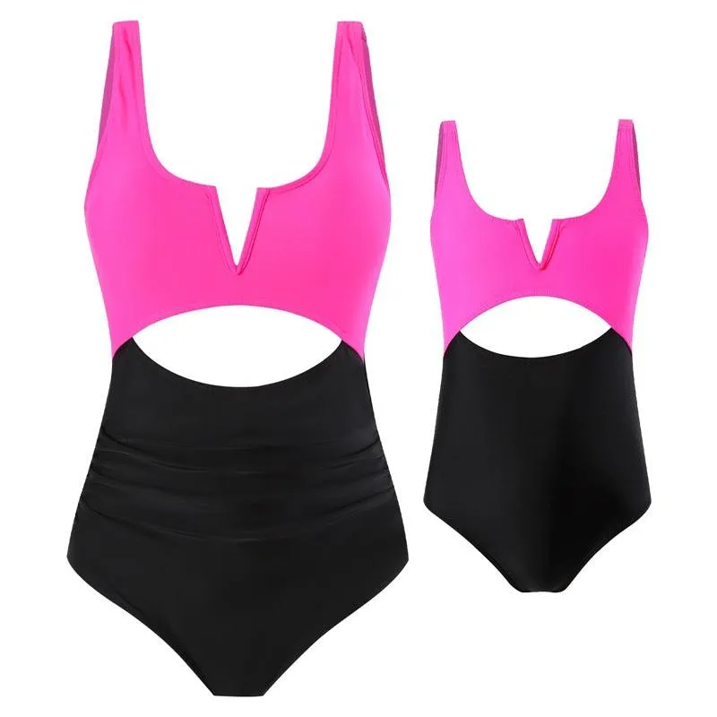 Chic Color-Block One-Piece Swimsuit for Mother & Daughter  Vibrant & Sleek Beachwear