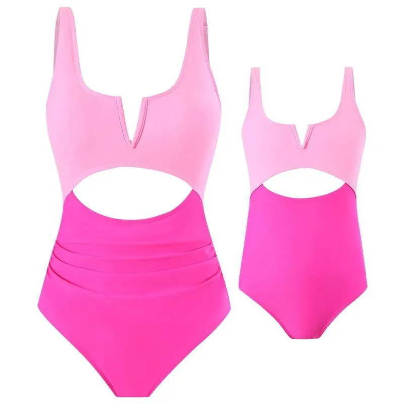 Chic Color-Block One-Piece Swimsuit for Mother & Daughter  Vibrant & Sleek Beachwear