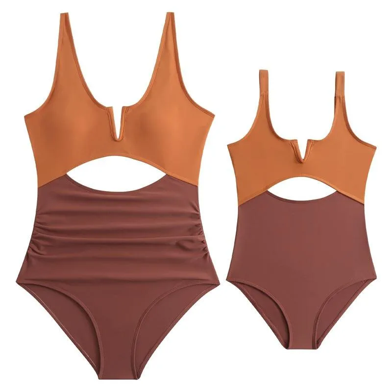Chic Color-Block One-Piece Swimsuit for Mother & Daughter  Vibrant & Sleek Beachwear