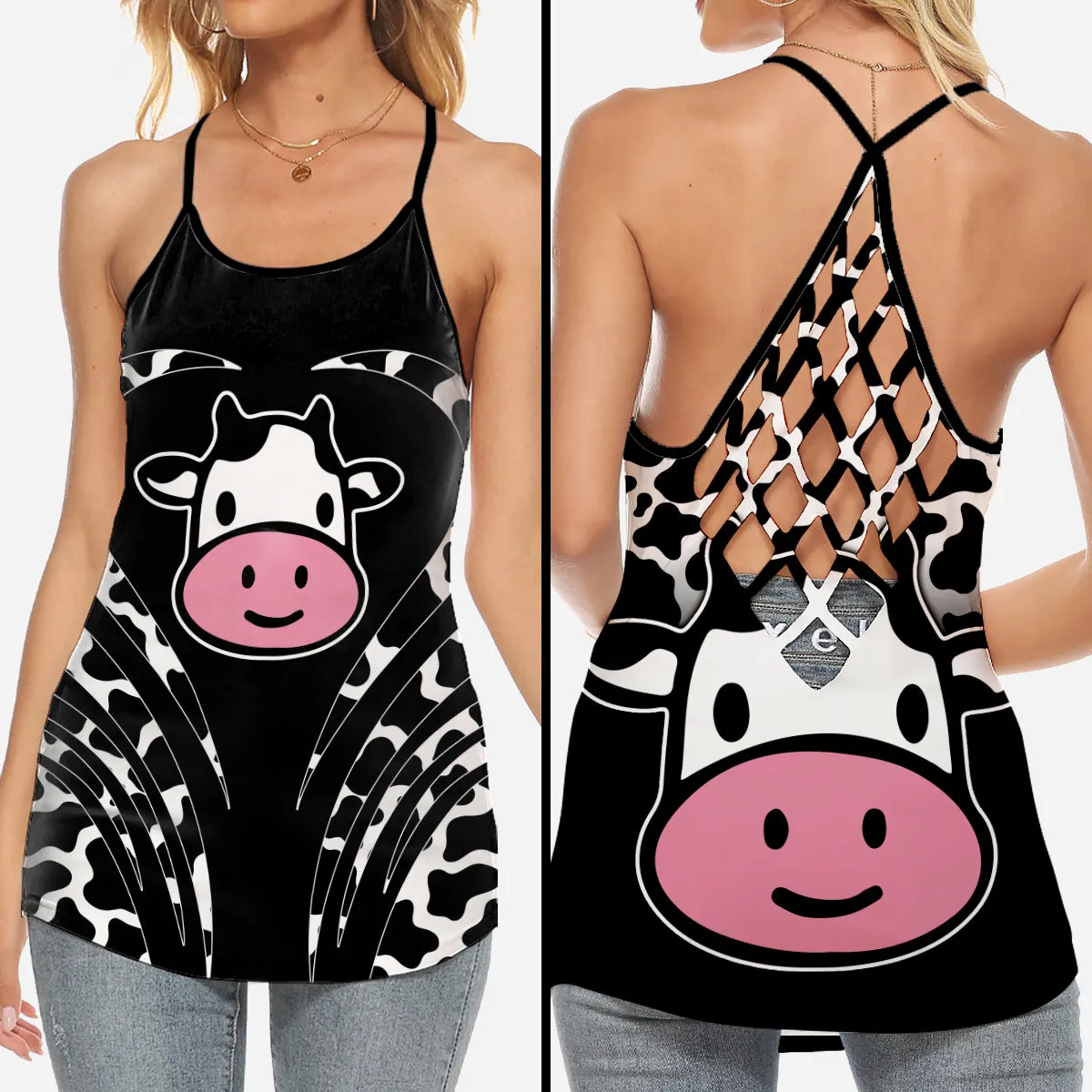 Cute Cow Face Criss Cross Tank Top