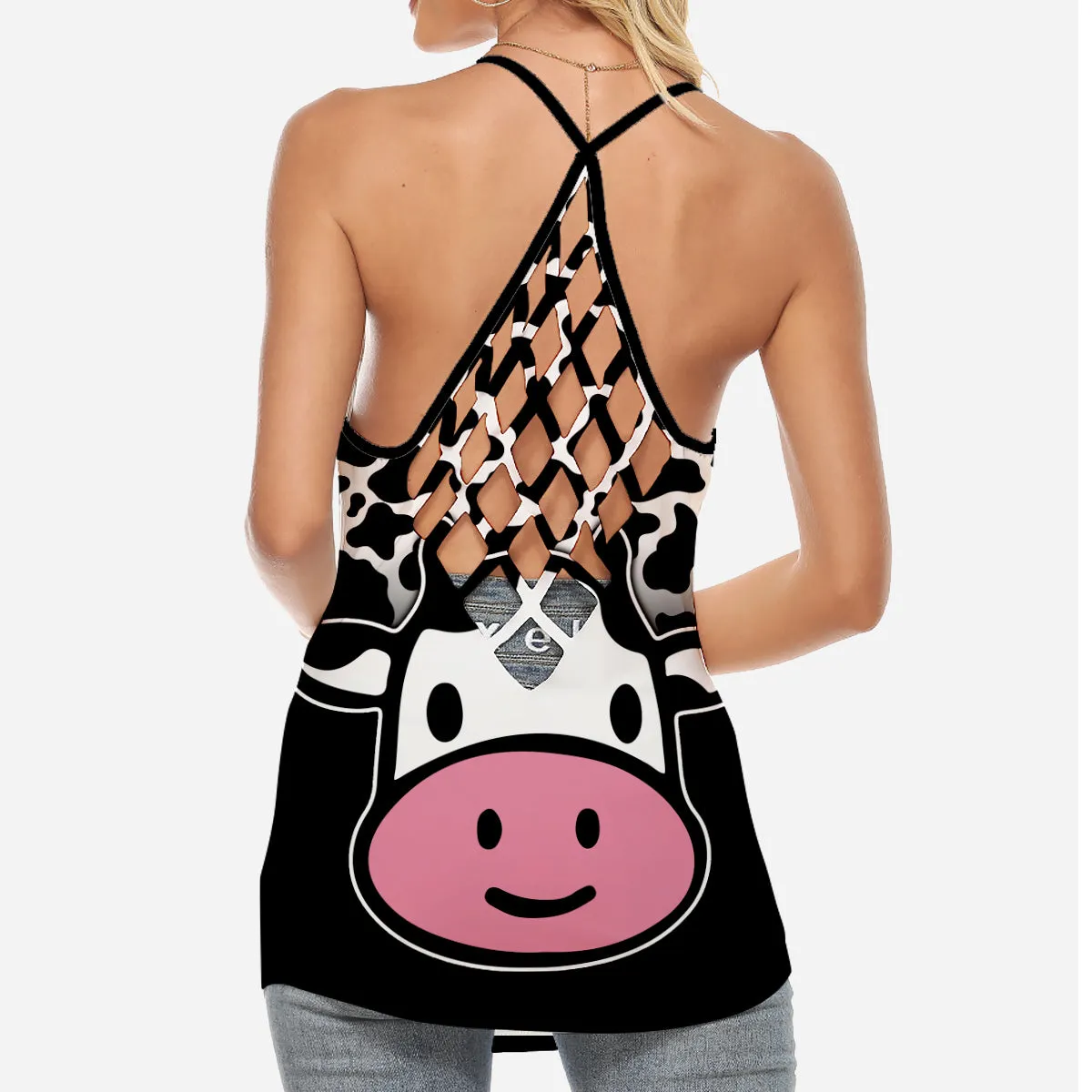 Cute Cow Face Criss Cross Tank Top