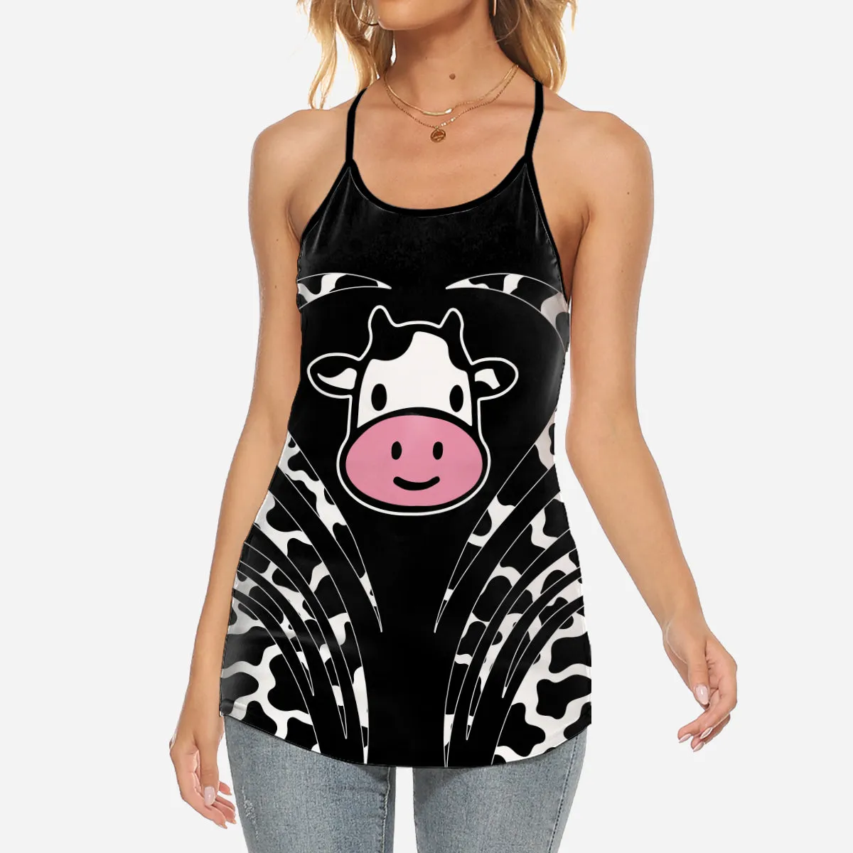 Cute Cow Face Criss Cross Tank Top