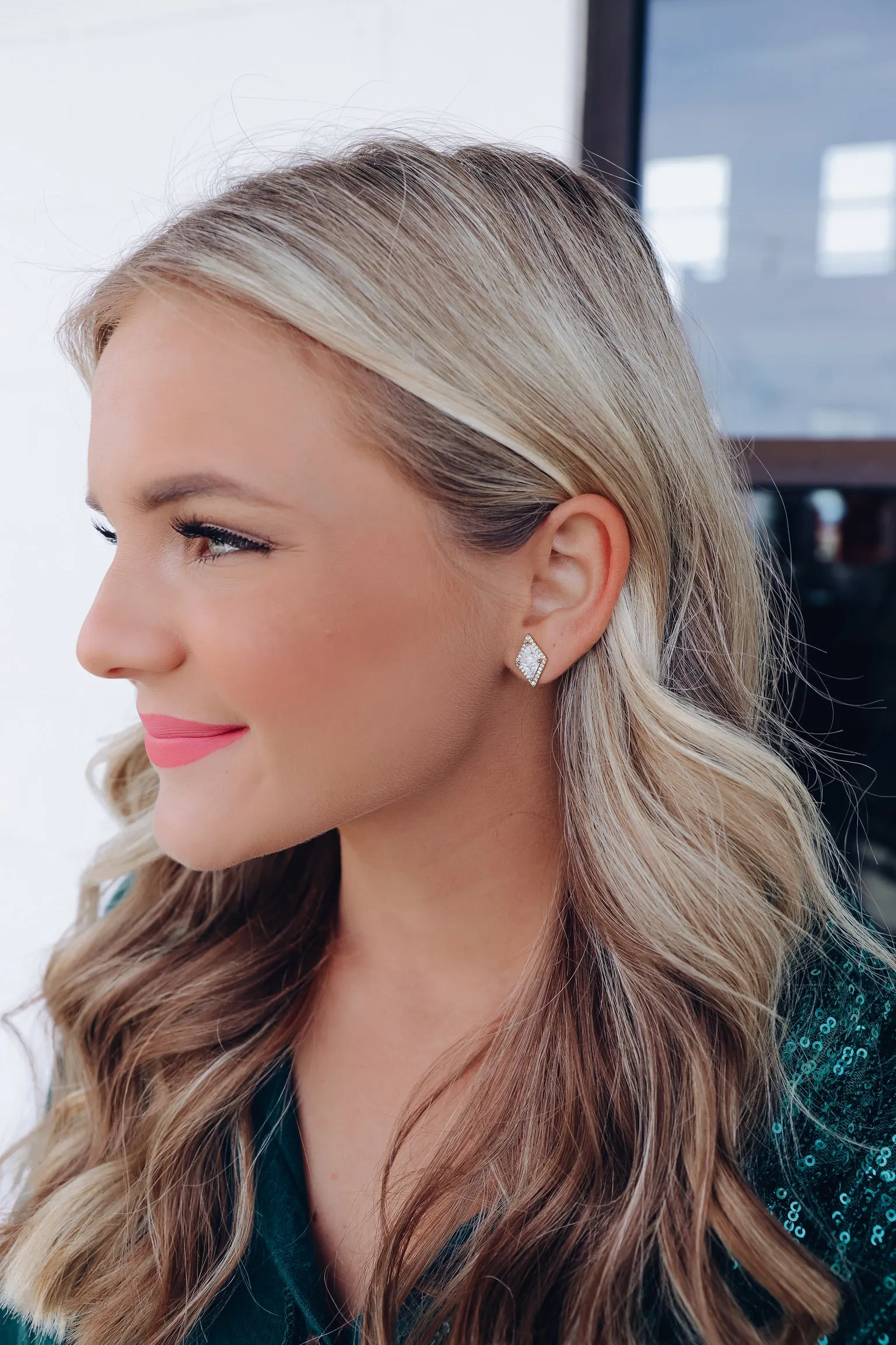 Diamond Shaped CZ Stud Earring - Gold