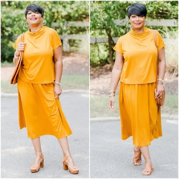 EILEEN FISHER L Fine Jersey Flare Skirt in Goldenrod • Yellow Gold Midi Length