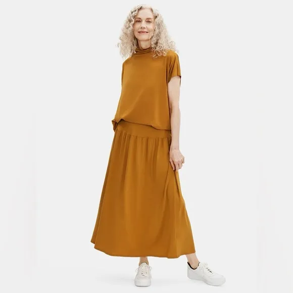 EILEEN FISHER L Fine Jersey Flare Skirt in Goldenrod • Yellow Gold Midi Length