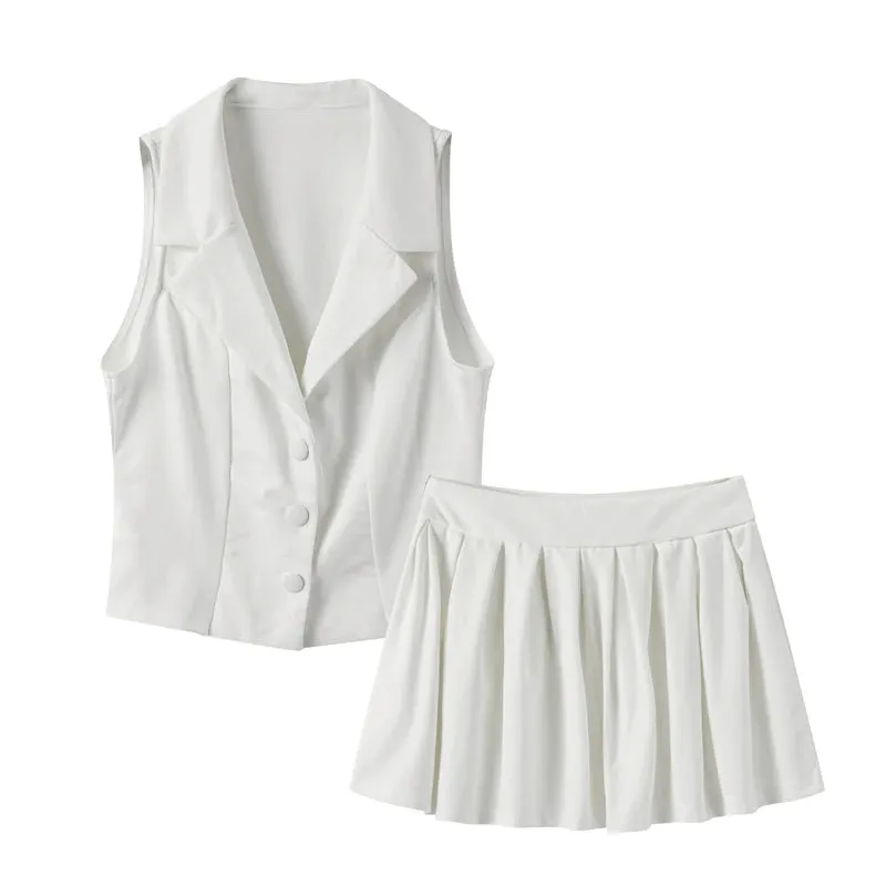Elegant Top Skirts Set Women White Single Breasted Square Collar Sleeveless Vest Suit Mini Skirt Sets
