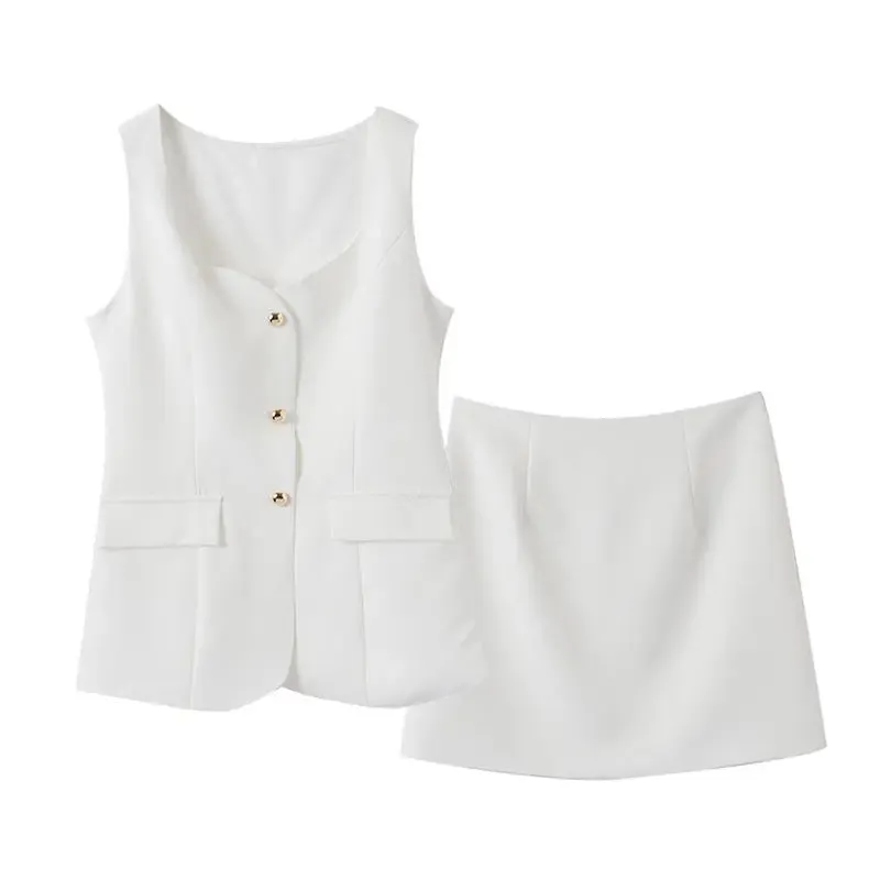 Elegant Top Skirts Set Women White Single Breasted Square Collar Sleeveless Vest Suit Mini Skirt Sets