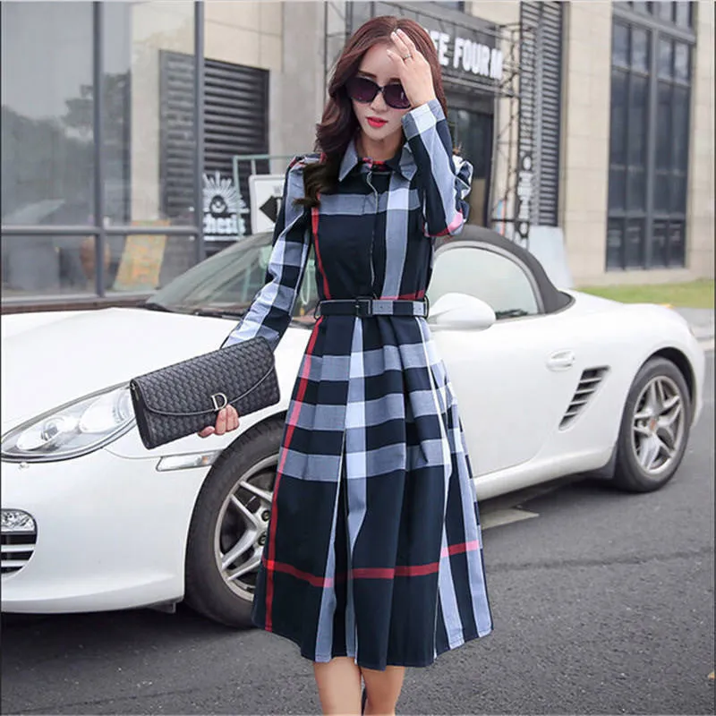 European Style Women Spring Autumn Dress Elegant A-Line Plaid Long Sleeve Dress Slim Work Wear OL Dresses SS372