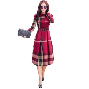 European Style Women Spring Autumn Dress Elegant A-Line Plaid Long Sleeve Dress Slim Work Wear OL Dresses SS372