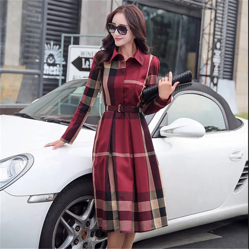 European Style Women Spring Autumn Dress Elegant A-Line Plaid Long Sleeve Dress Slim Work Wear OL Dresses SS372