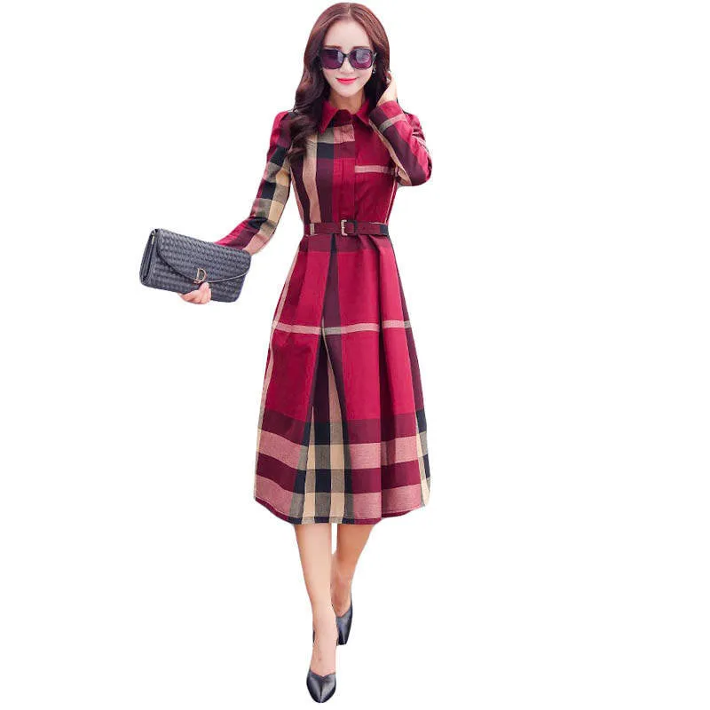 European Style Women Spring Autumn Dress Elegant A-Line Plaid Long Sleeve Dress Slim Work Wear OL Dresses SS372