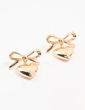 Gold Bow & Puffy Heart Drop Earrings