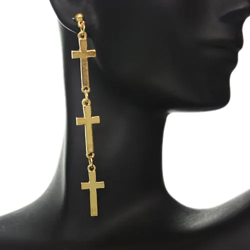 Gold Cross Post Drop Earrings