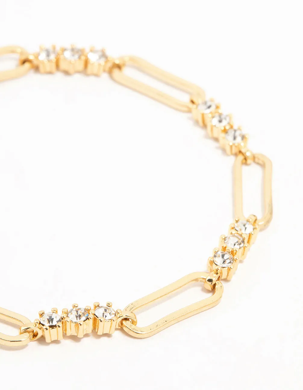 Gold Plated Brass Alternating Trio Cubic Zirconia Rectangle Link Bracelet