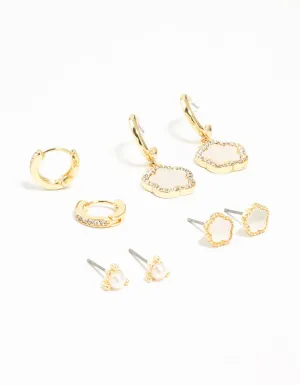 Gold Plated Flower Stud & Hoop Earrings 4-Pack