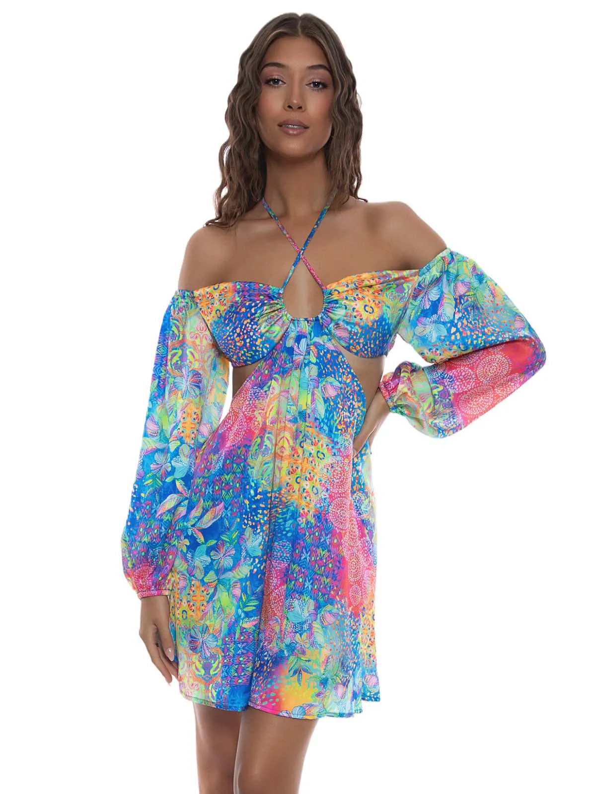 Halter Long Sleeve Cut Out Short Dress