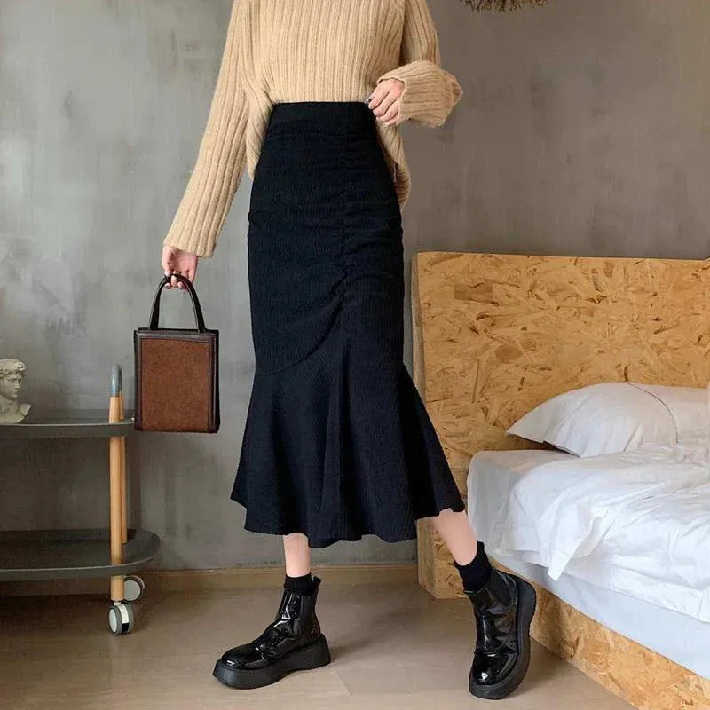 High Waist Midi Skirts Women Slim Fit  Hip Mermaid Skirt Woman Korean Ruffles