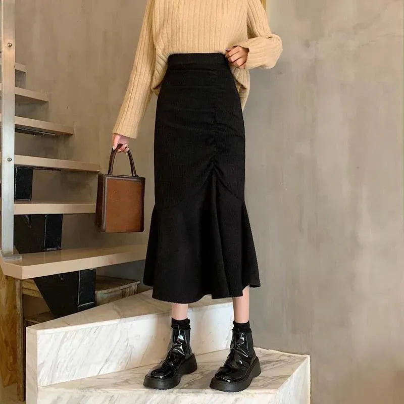 High Waist Midi Skirts Women Slim Fit  Hip Mermaid Skirt Woman Korean Ruffles