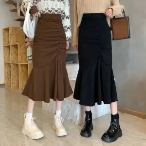 High Waist Midi Skirts Women Slim Fit  Hip Mermaid Skirt Woman Korean Ruffles