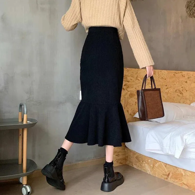 High Waist Midi Skirts Women Slim Fit  Hip Mermaid Skirt Woman Korean Ruffles