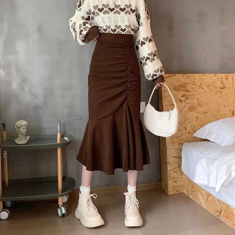 High Waist Midi Skirts Women Slim Fit  Hip Mermaid Skirt Woman Korean Ruffles