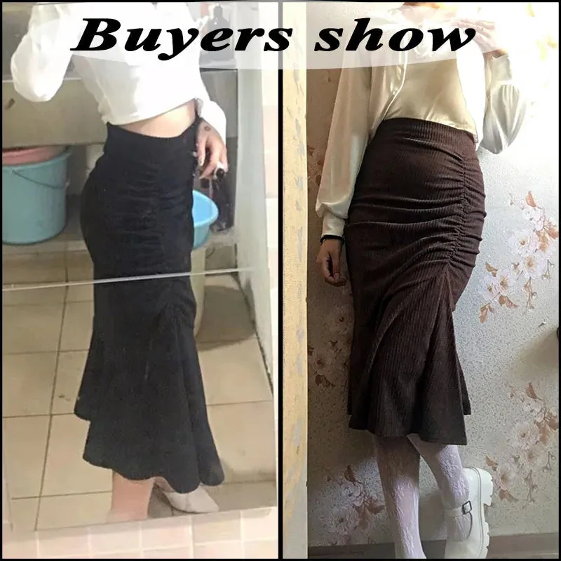 High Waist Midi Skirts Women Slim Fit  Hip Mermaid Skirt Woman Korean Ruffles