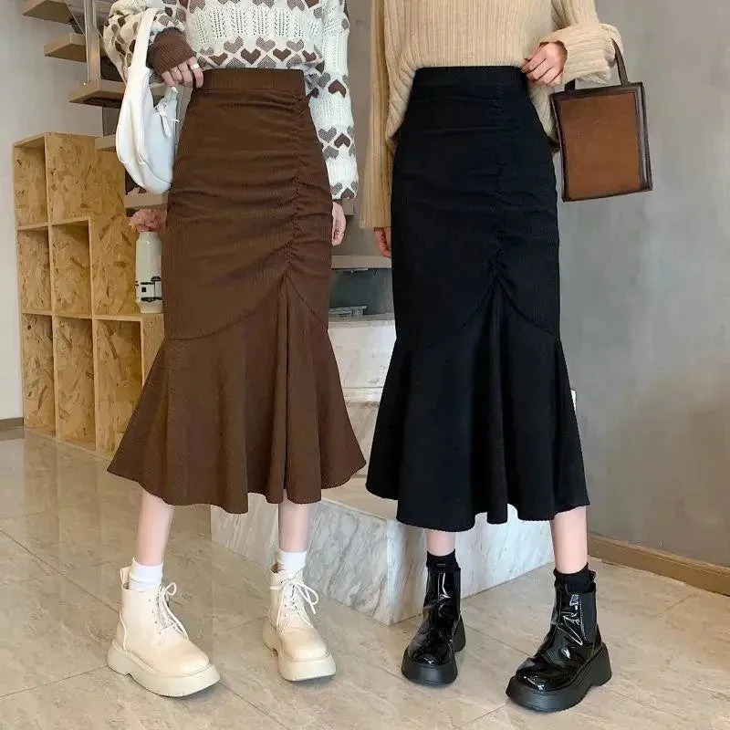 High Waist Midi Skirts Women Slim Fit  Hip Mermaid Skirt Woman Korean Ruffles