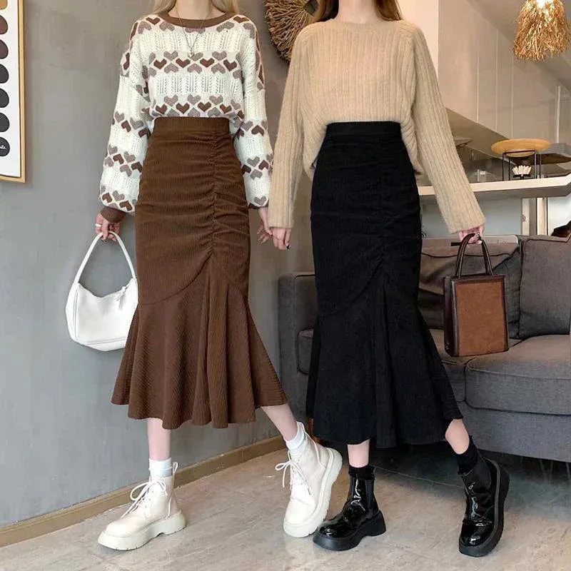 High Waist Midi Skirts Women Slim Fit  Hip Mermaid Skirt Woman Korean Ruffles