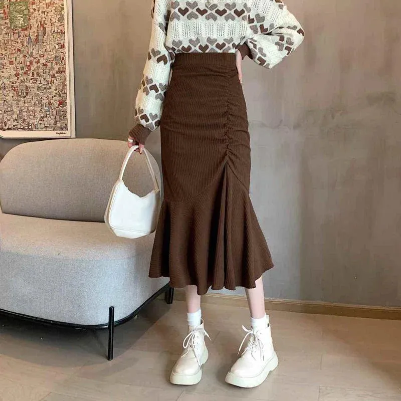 High Waist Midi Skirts Women Slim Fit  Hip Mermaid Skirt Woman Korean Ruffles