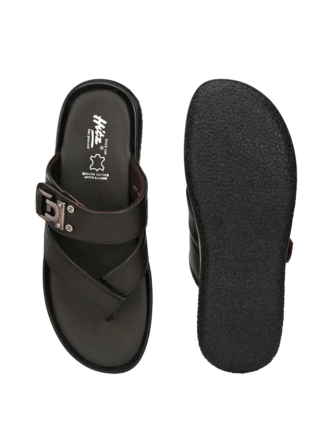 Hitz Men's Brown Leather Open Toe Slippers