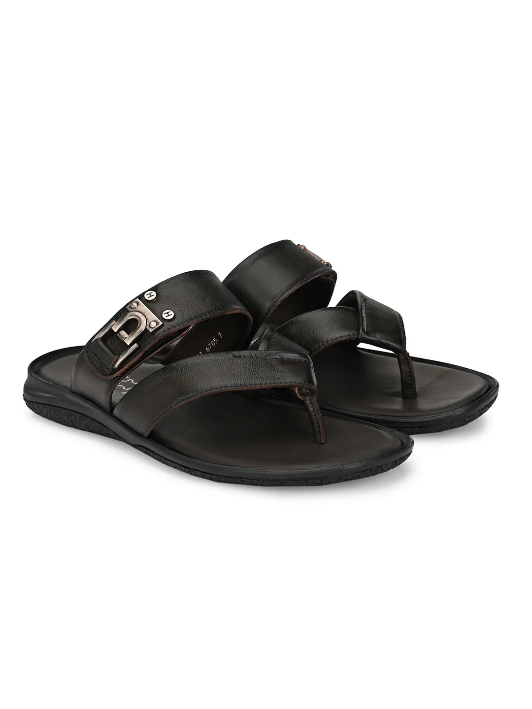 Hitz Men's Brown Leather Open Toe Slippers