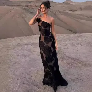 Holidays Club Party Dress Women Sexy Sheer Slim Party Dresses Elegant Floral Appliques Maxi Dress