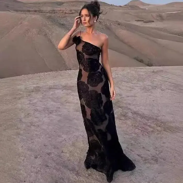 Holidays Club Party Dress Women Sexy Sheer Slim Party Dresses Elegant Floral Appliques Maxi Dress
