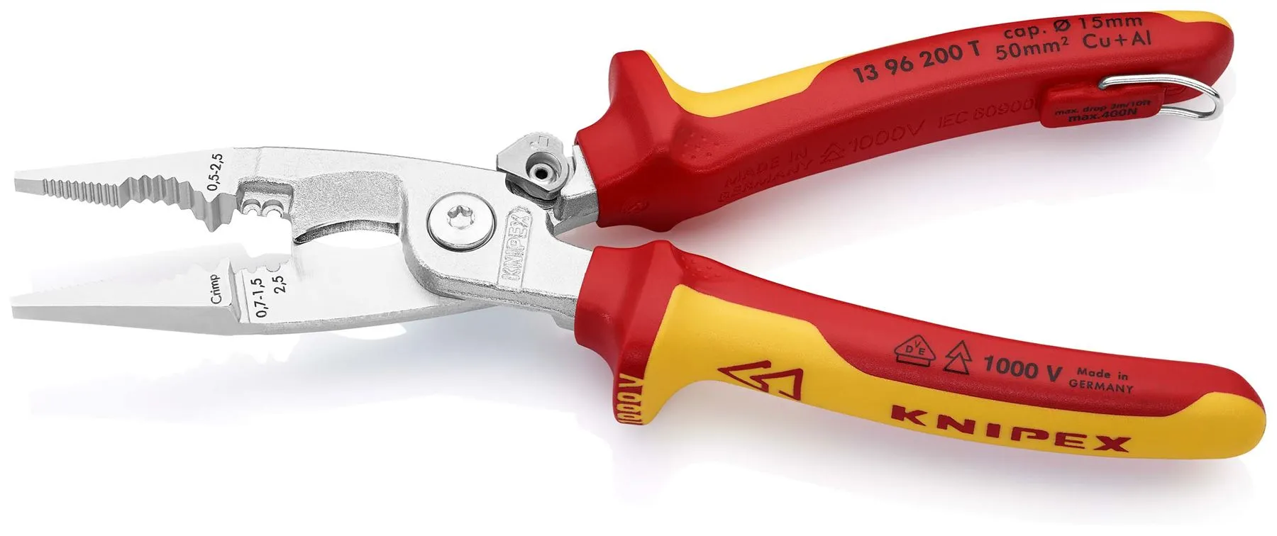 KNIPEX Pliers for Electrical Installation 200mm VDE Chrome Multi Component Grips Tether Point 13 96 200 T BK